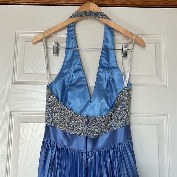 Riva Periwinkle Pleated Rhinestone and Bead Halter Gown - Picture 5 of 7